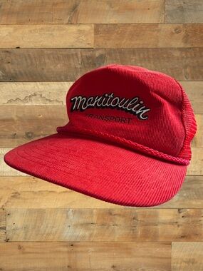 Vintage Manitoulin Transport Trucker Hat Red Corduroy Brim Mesh Snapback Rope Ca